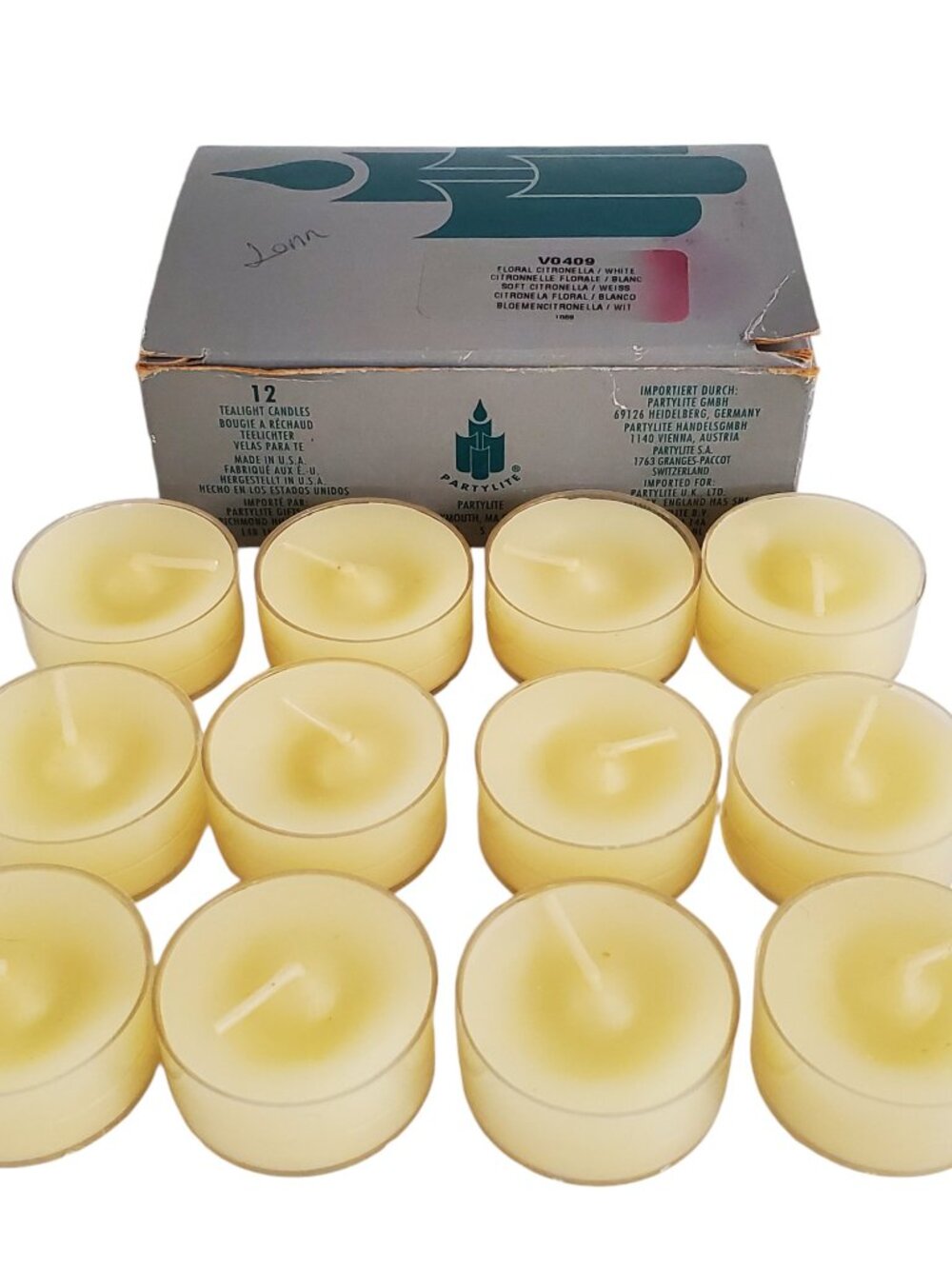 PARTYLITE 12 Tealight Candles Box Set V0409 Floral Citronella White Clear Cup